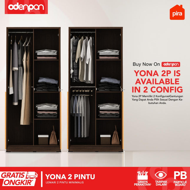 PIRA - YONA 2P Lemari Pakaian / Baju 2 Pintu Dengan Cermin