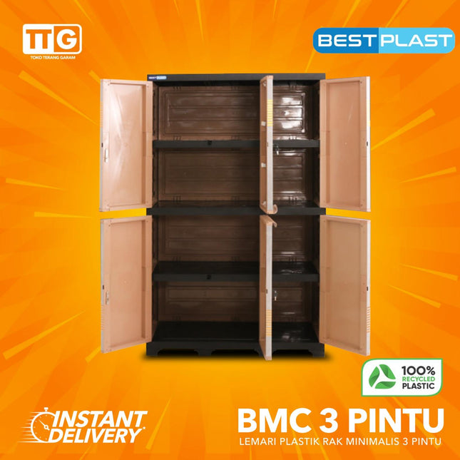 BESTPLAST - BMC 3P GOLD Lemari Pakaian Plastik 3 Pintu Dengan Cermin & Gantungan
