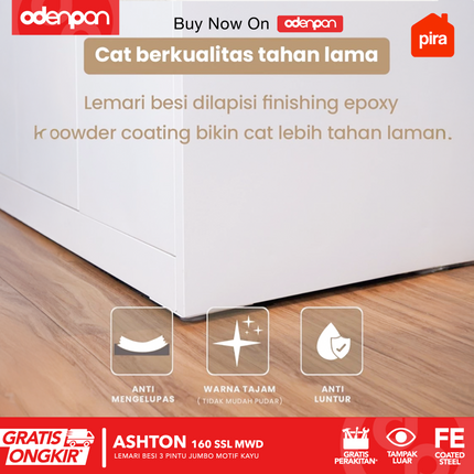 PIRA - ASHTON 160 SSL MWD Lemari Pakaian / Baju 3 Pintu Besi Sliding Jumbo Motif Kayu