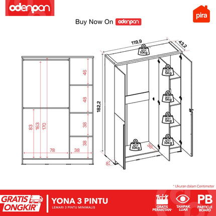 PIRA - YONA 3P Lemari Pakaian / Baju 3 Pintu Dengan Cermin