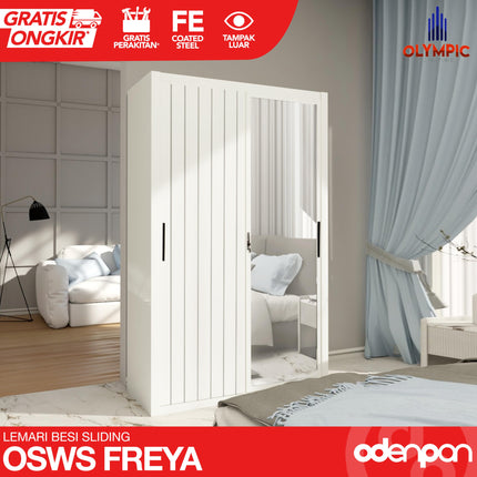 OLYMSTEEL - OSWS FREYA Lemari Pakaian Baju 2 Pintu Besi Sliding Putih Dengan Cermin