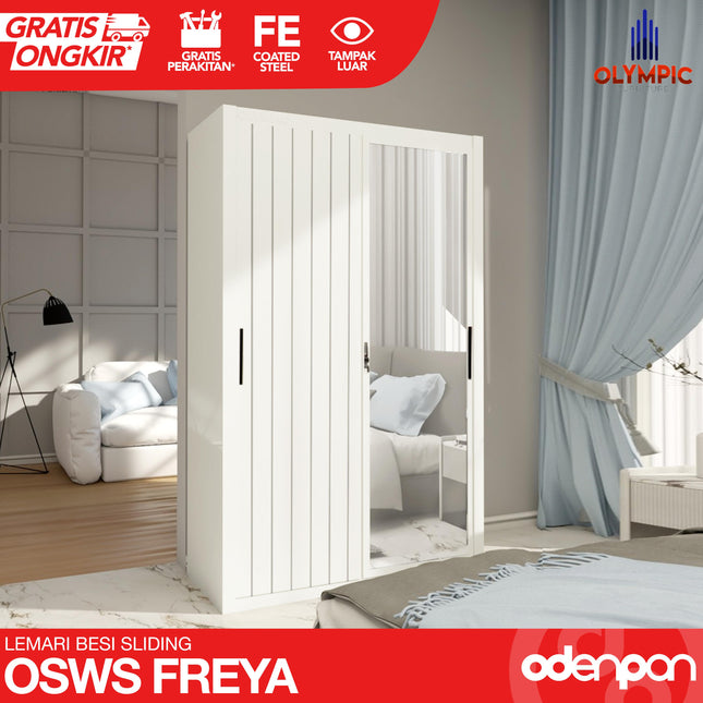 OLYMSTEEL - OSWS FREYA Lemari Pakaian Baju 2 Pintu Besi Sliding Putih Dengan Cermin