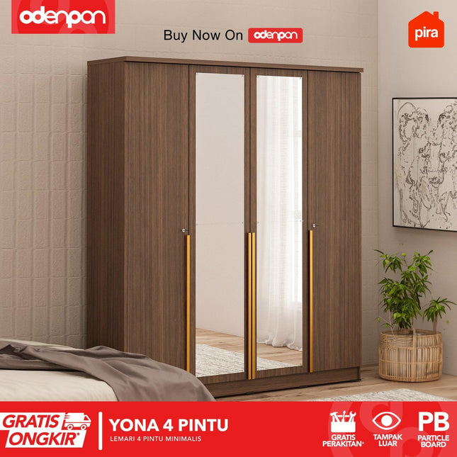 PIRA - YONA 4P Lemari Pakaian / Baju 4 Pintu Dengan Cermin