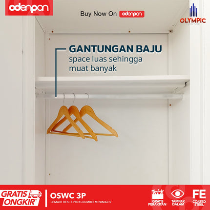 OLYMSTEEL - OSWC 3P Lemari Pakaian Baju 3 Pintu Besi Jumbo Pintu Swing & Sliding