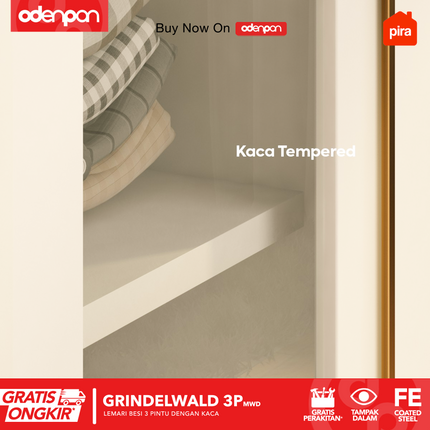 PIRA - GRINDELWALD 3P MWD Lemari Pakaian Baju 3 Pintu Besi Pintu Swing Dengan Kaca