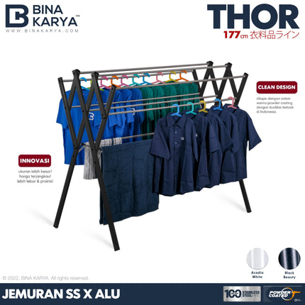 BINA KARYA - THOR Jemuran Stainless Steel Aluminium 9 Palang Jumbo Kokoh Pipa Kotak Minimalis 180 cm