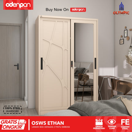OLYMSTEEL - OSWS ETHAN Lemari Pakaian Baju 2 Pintu Besi Sliding Pintu 3D Emboss