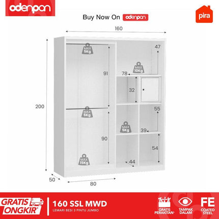 PIRA Lemari Pakaian / Baju 3 Pintu Besi Sliding Jumbo Pintu Swing & Sliding Minimalis Dengan Cermin 160 SSL MWD