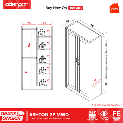 PIRA - ASHTON 2P Lemari Pakaian Baju 2 Pintu Besi Pintu Swing Motif Kayu
