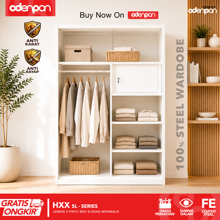 ODENPAN - HXX SL  Lemari Pakaian / Baju 2 Pintu Besi Sliding Dengan Cermin Minimalis