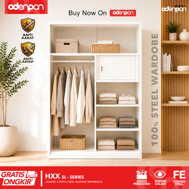 ODENPAN - HXX SL  Lemari Pakaian / Baju 2 Pintu Besi Sliding Dengan Cermin Minimalis