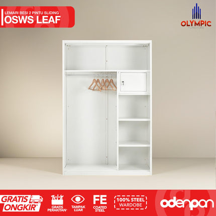 OLYMSTEEL - OSWS LEAF Lemari Pakaian Baju 2 Pintu Besi Sliding Putih Dengan Cermin