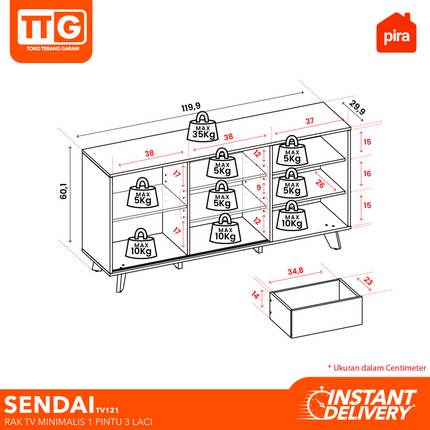 PIRA  - SENDAI TV 121 Meja / Rak TV  Dengan Pintu & Laci 120 cm