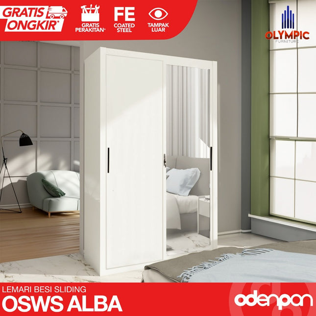 OLYMSTEEL - OSWS ALBA Lemari Pakaian Baju 2 Pintu Besi Sliding Putih Dengan Cermin