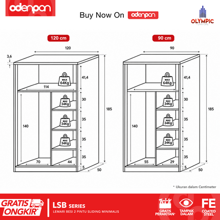 BESTSTEEL - LSB POLA Lemari Pakaian Baju 2 Pintu Besi Sliding Minimalis