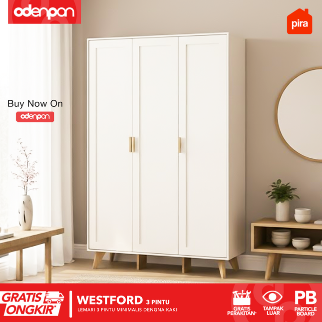 PIRA - WESTFORD 3P Lemari Pakaian / Baju 3 Pintu Gantungan Gamis Dengan Kaki