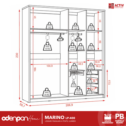 ACTIV AVANTI - MARINO LP 400 Lemari Pakaian / Baju 4 Pintu Jumbo Dengan Cermin