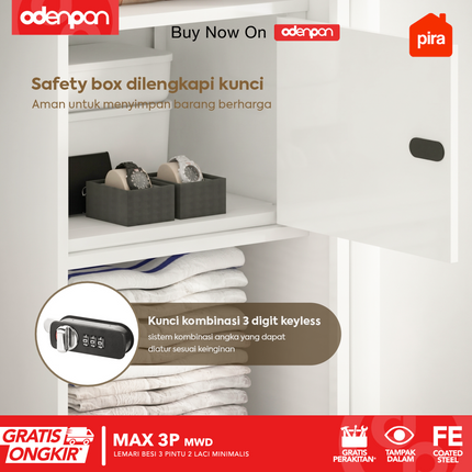 PIRA - MAX 3P Lemari Pakaian / Baju 3 Pintu Besi Swing Dengan Laci & Tempered Glass
