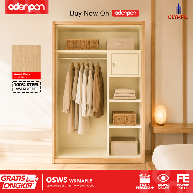 OLYMSTEEL - OSWS WOOD WS Lemari Pakaian Baju 2 Pintu Besi Sliding Motif Kayu