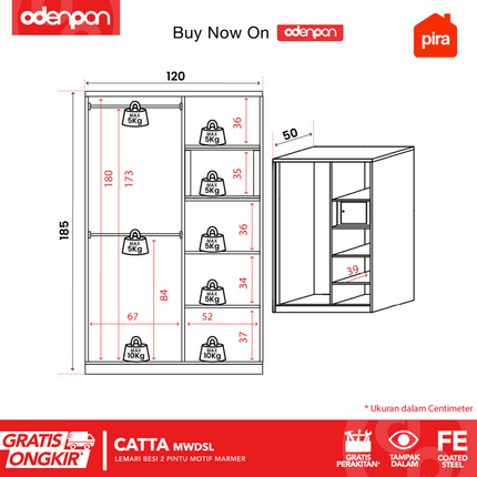 PIRA - CATTA Lemari Pakaian / Baju 2 Pintu Besi Sliding Dengan Cermin Motif Marmer