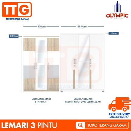 OLYMPIC - MERIBEL 3P Lemari Pakaian / Baju 3 Pintu Jumbo Dengan Cermin