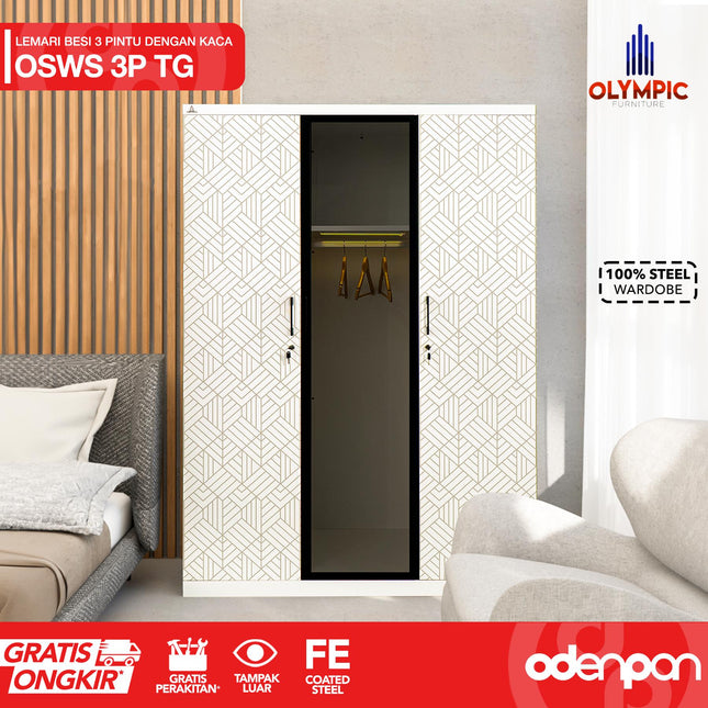 OLYMSTEEL - OSWS 3P TG Lemari Pakaian Baju 3 Pintu Kaca Tempered Glass Swing