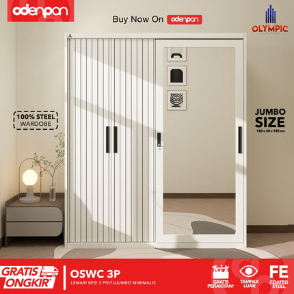 OLYMSTEEL - OSWC 3P Lemari Pakaian Baju 3 Pintu Besi Jumbo Pintu Swing & Sliding