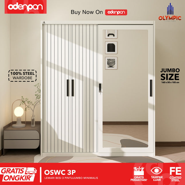 OLYMSTEEL - OSWC 3P Lemari Pakaian Baju 3 Pintu Besi Jumbo Pintu Swing & Sliding