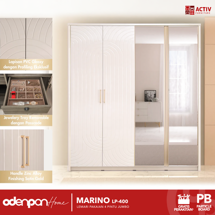 ACTIV AVANTI - MARINO LP 400 Lemari Pakaian / Baju 4 Pintu Jumbo Dengan Cermin
