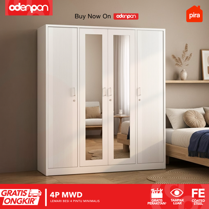 PIRA - 4P MWD Lemari Pakaian Baju 4 Pintu Besi 2 Cermin Minimalis Jumbo