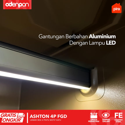 PIRA - ASHTON 4P FGD Lemari Pakaian Baju 4 Pintu Besi 2 Laci Motif Kayu Minimalis Jumbo