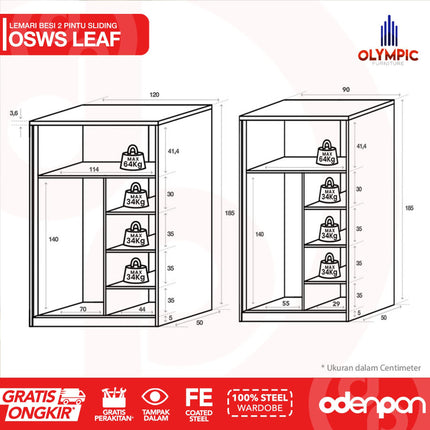 OLYMSTEEL - OSWS LEAF Lemari Pakaian Baju 2 Pintu Besi Sliding Putih Dengan Cermin