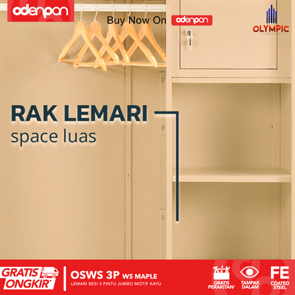 OLYMSTEEL - OSWS 3P WOOD WS Lemari Pakaian Baju 3 Pintu Besi Dengan Motif Kayu