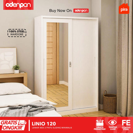 PIRA - LINIO Lemari Pakaian / Baju 2 Pintu Besi Sliding Dengan Cermin