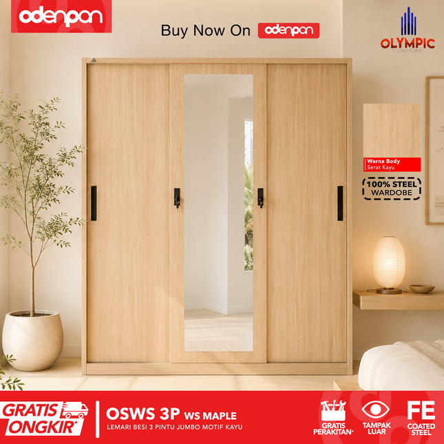 OLYMSTEEL - OSWS 3P WOOD WS Lemari Pakaian Baju 3 Pintu Besi Dengan Motif Kayu
