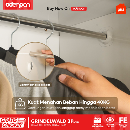 PIRA - GRINDELWALD 3P MWD Lemari Pakaian Baju 3 Pintu Besi Pintu Swing Dengan Kaca