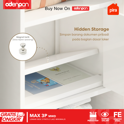 PIRA - MAX 3P Lemari Pakaian / Baju 3 Pintu Besi Swing Dengan Laci & Tempered Glass