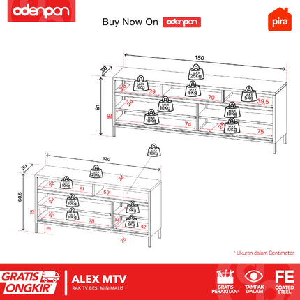 PIRA - ALEX MTV Meja / Rak TV Besi Minimalis Dengan Laci 120 / 150 cm
