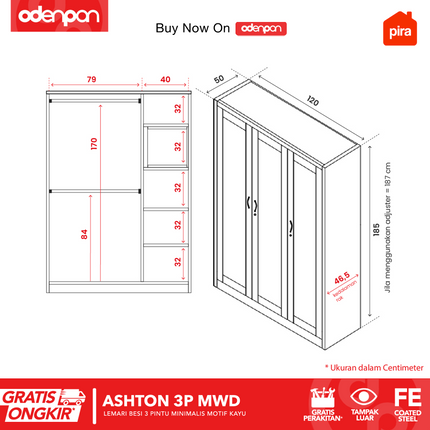 PIRA - ASHTON 3P Lemari Pakaian Baju 3 Pintu Besi Pintu Swing Motif Kayu