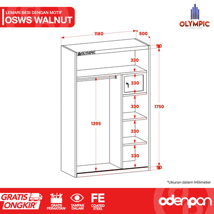 OLYMSTEEL - OSWS WALNUT Lemari Pakaian Baju 2 Pintu Besi Sliding Dengan Cermin