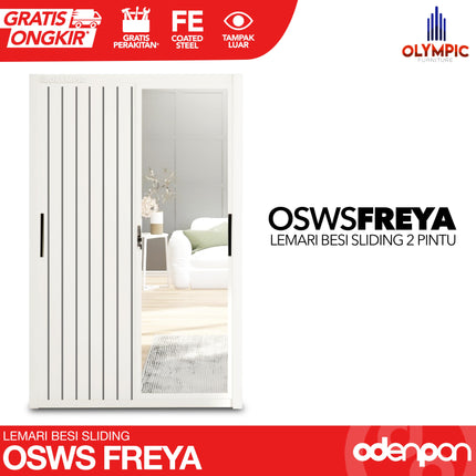 OLYMSTEEL - OSWS FREYA Lemari Pakaian Baju 2 Pintu Besi Sliding Putih Dengan Cermin