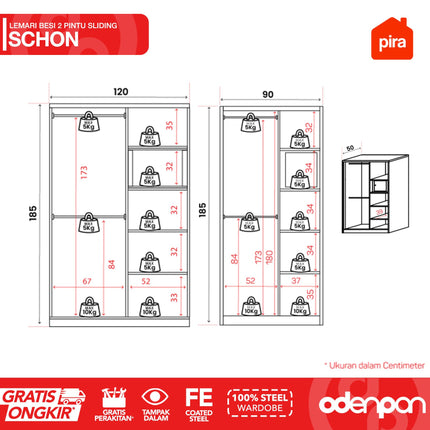 PIRA - SCHON Lemari Pakaian Baju 2 Pintu Besi Sliding Dengan Cermin
