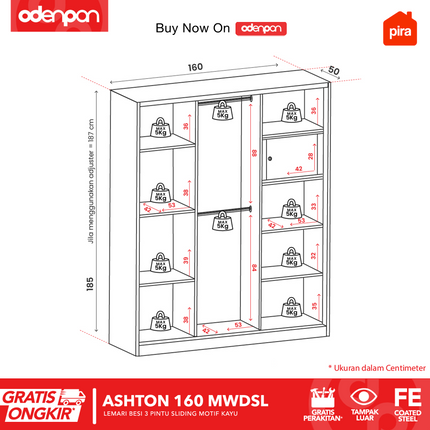PIRA - ASHTON 160 MWDSL Lemari Pakaian / Baju 3 Pintu Besi Sliding Jumbo Dengan Cermin 160 cm
