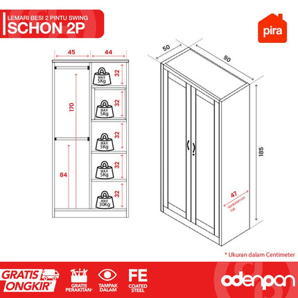 PIRA - SCHON 2P Lemari Pakaian Baju 2 Pintu Besi Pintu Swing