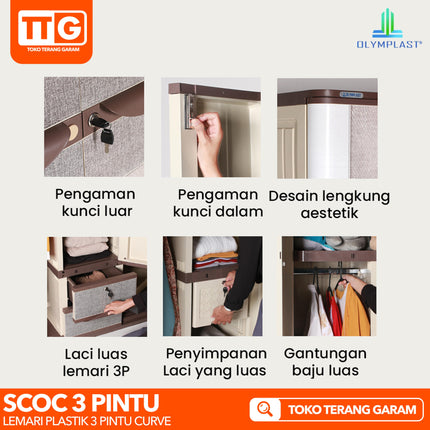OLYMPLAST - SCOC 3P Lemari Pakaian Plastik 3 Pintu Printing Dengan Cermin
