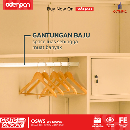 OLYMSTEEL - OSWS WOOD WS Lemari Pakaian Baju 2 Pintu Besi Sliding Motif Kayu