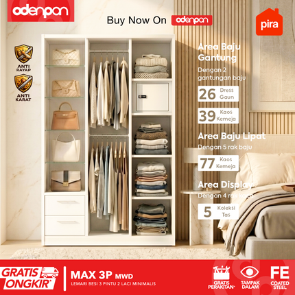 PIRA - MAX 3P Lemari Pakaian / Baju 3 Pintu Besi Swing Dengan Laci & Tempered Glass