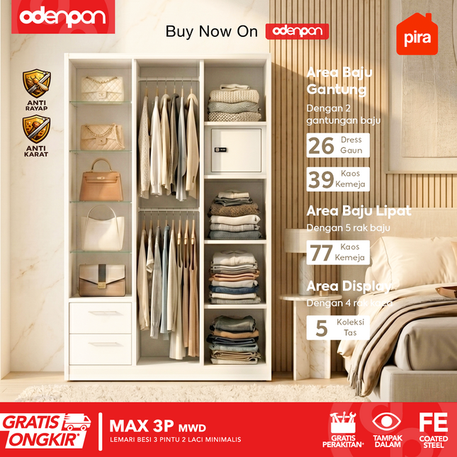 PIRA - MAX 3P Lemari Pakaian / Baju 3 Pintu Besi Swing Dengan Laci & Tempered Glass