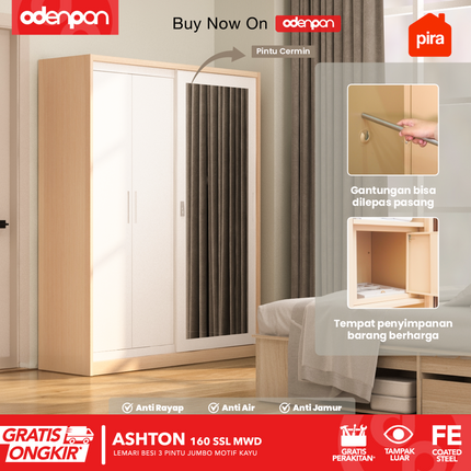 PIRA - ASHTON 160 SSL MWD Lemari Pakaian / Baju 3 Pintu Besi Sliding Jumbo Motif Kayu