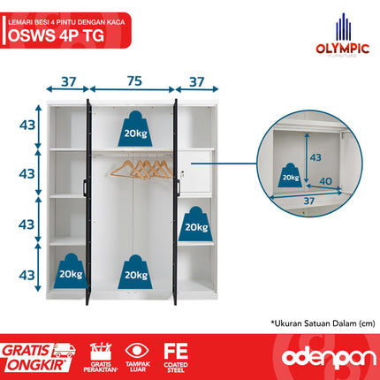 OLYMSTEEL - OSWS 4P TG Lemari Pakaian Baju 4 Pintu Kaca Tempered Glass Swing